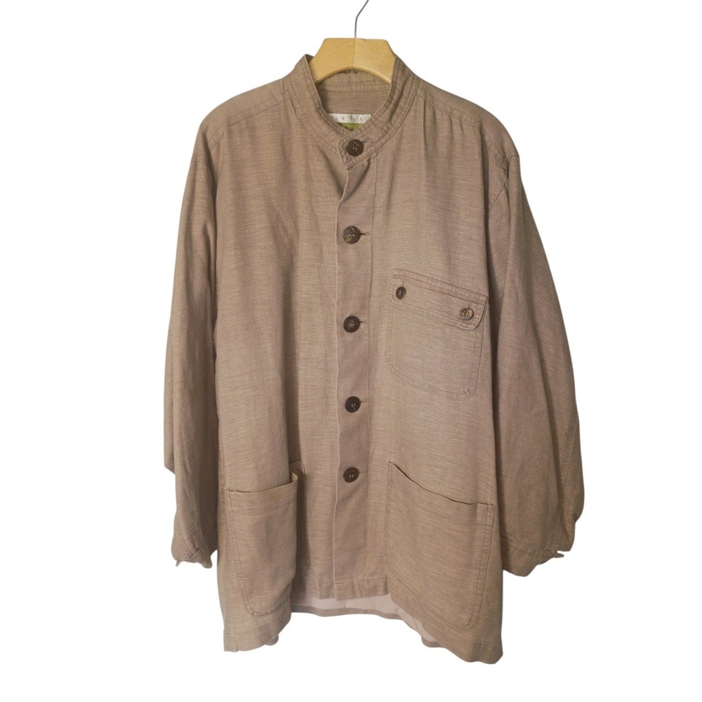 Virtual Reality Womens Tan Linen Blend Mandarin Collar Chore Jacket Size M
